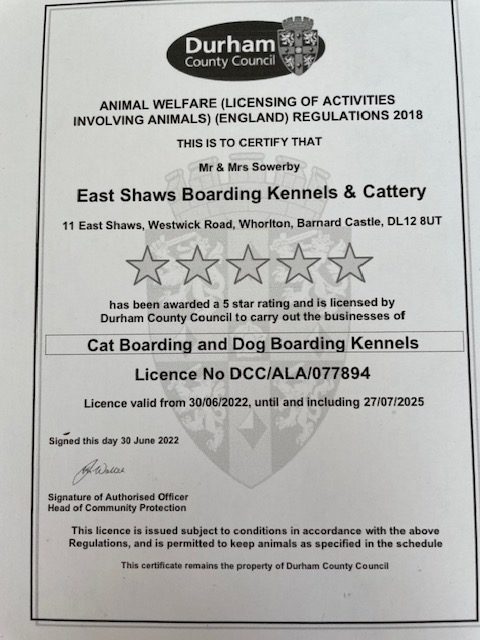 Durham County Council Official Certification for animal welfare for Eastshaw Kennels.
